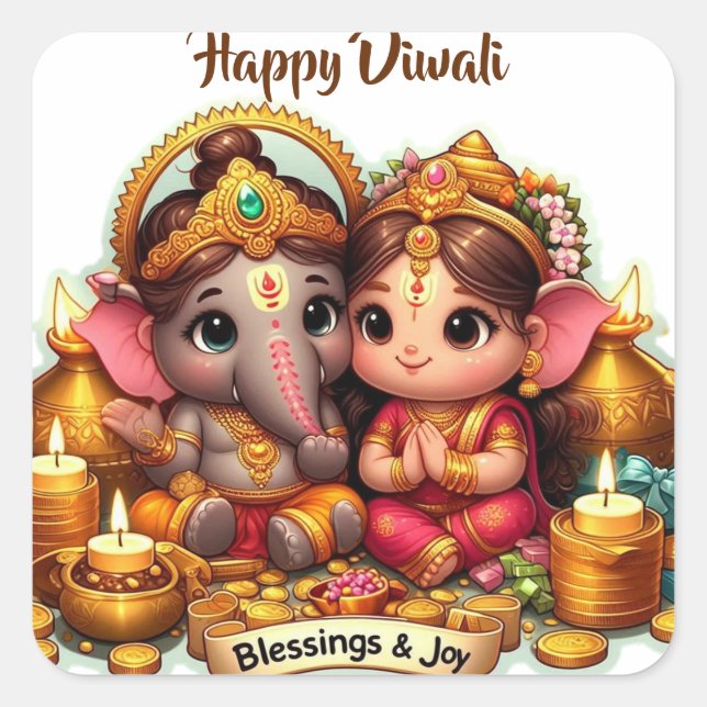Cute Little Lord Ganesh and Goddess Lakshmi Diwali Square Sticker (Front)