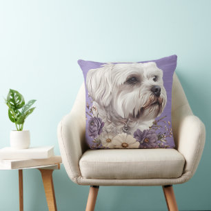 CUTE LITTLE MALTESE PUPPY DOG WITH PURPLE FLOWERS CUSHION