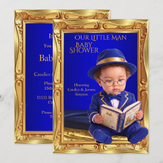 Cute Little Man Baby Shower Gold Blue Book Invitation