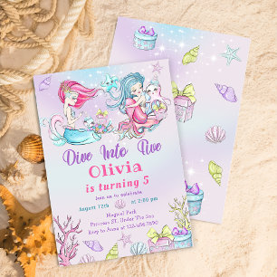 Cute Little Mermaid 5th Birthday Party Invitation