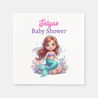 Cute Little Mermaid Baby Shower Water Bottle Label Napkin