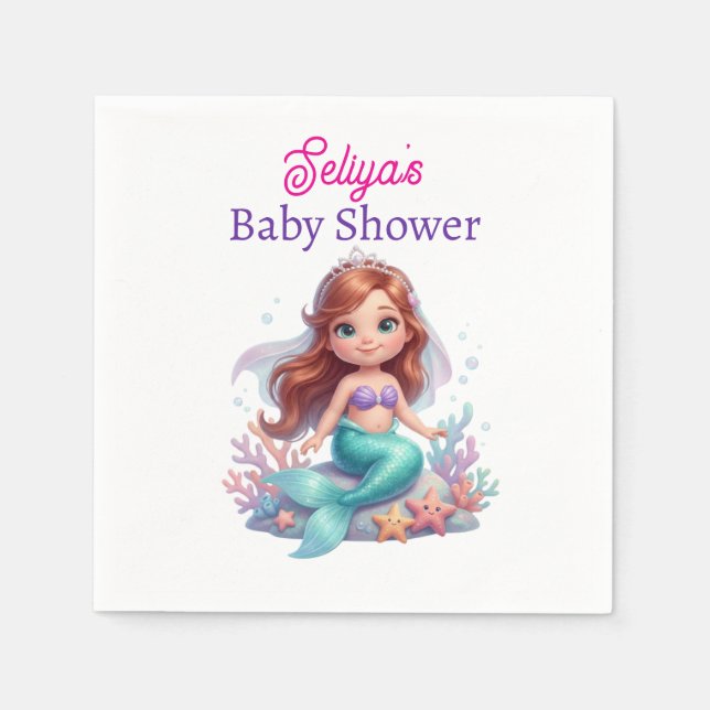 Cute Little Mermaid Baby Shower Water Bottle Label Napkin (Front)