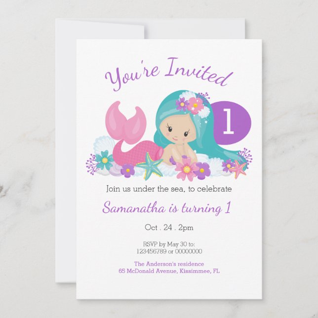 Cute Little Mermaid Birthday Party Invitation (Front)