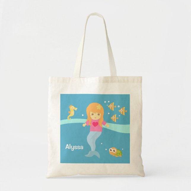 Cute Little Mermaid Girl Under the Sea Animals Tote Bag (Front)