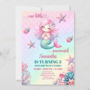 Cute little mermaid pink purple 3th Birthday Invitation