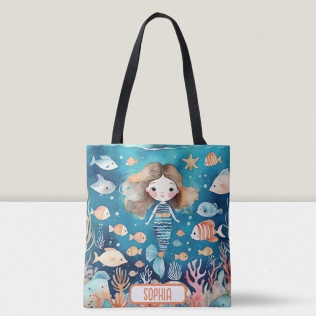 Cute Little Mermaid Under The Sea with Coral Fish Tote Bag (Creator Uploaded)