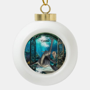 Cute little mermaid with seadragon. ceramic ball christmas ornament