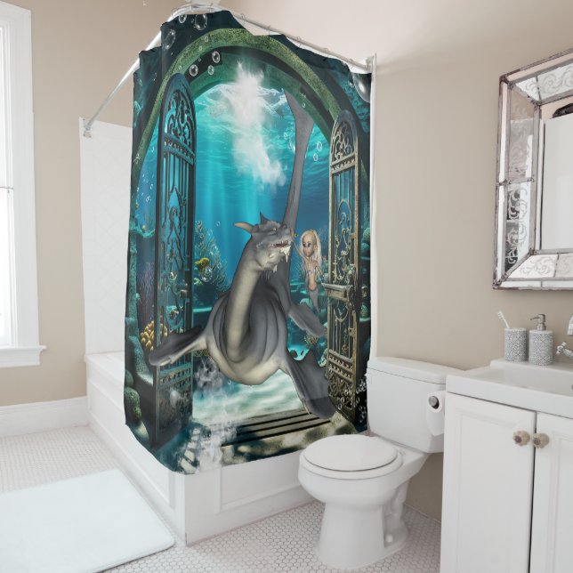 Cute little mermaid with seadragon. shower curtain (In Situ)