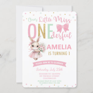 Cute Little Miss ONEderful 1st Birthday Bunny Invitation