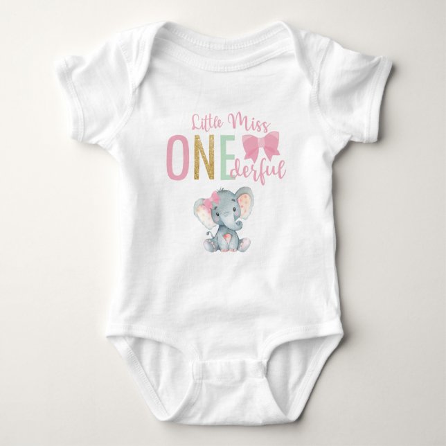 Cute Little Miss ONEderful Elephant 1st Birthday Baby Bodysuit (Front)