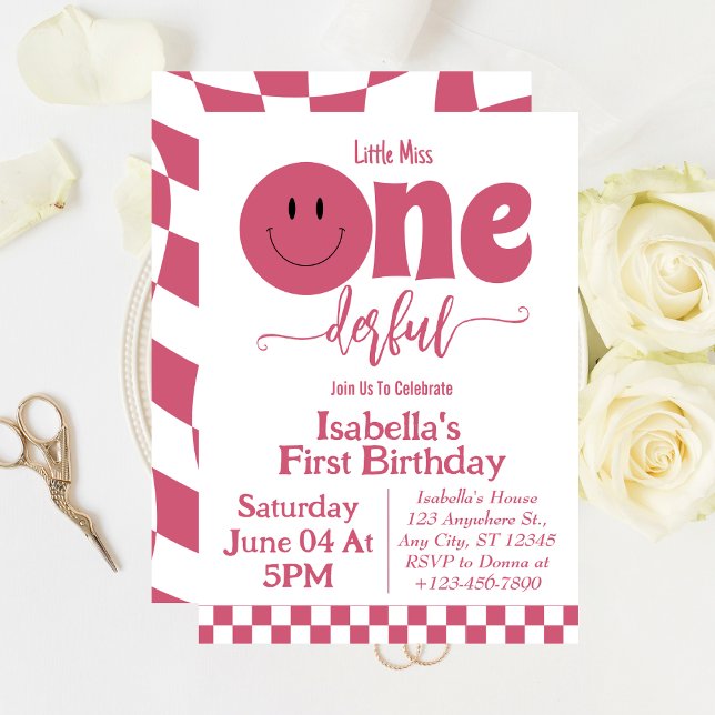 Cute Little Miss Onederful Pink Girl 1st Birthday  Invitation (Creator Uploaded)