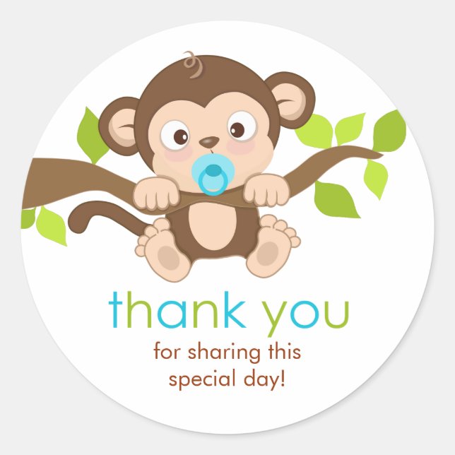 Cute Little Monkey Boy Thank You Sticker (Front)