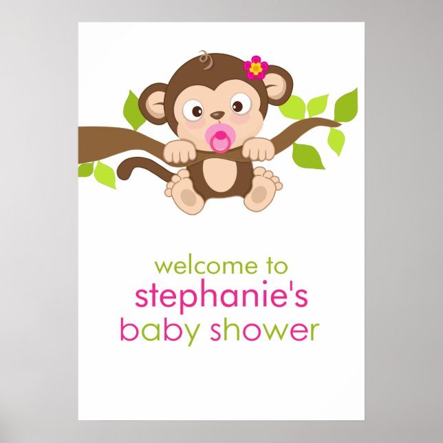 Cute Little Monkey Girl Baby Shower Poster (Front)