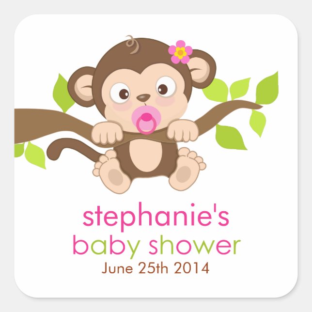Cute Little Monkey Girl Baby Shower Sticker (Front)