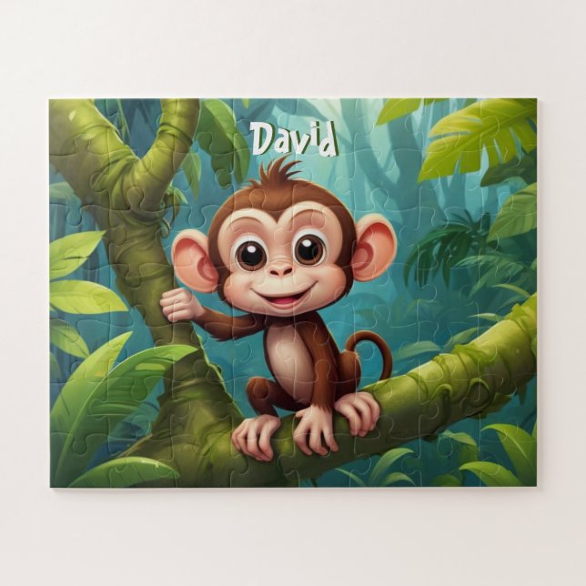 Cute Little Monkey in Jungle Personalised Jigsaw Puzzle (Horizontal)