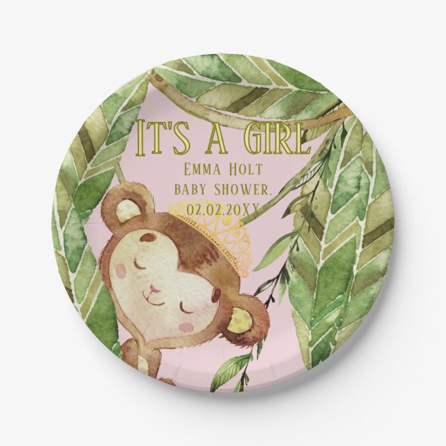 Cute Little Monkey Its A Girl Tropic Pink  Paper Plate (Front)