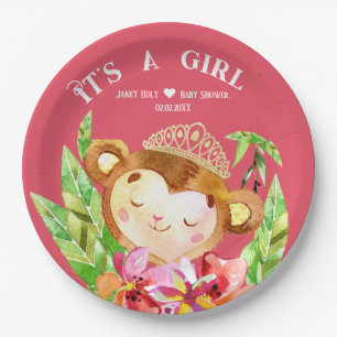 Cute Little Monkey Its A Girl Tropic Pink Paper Plate