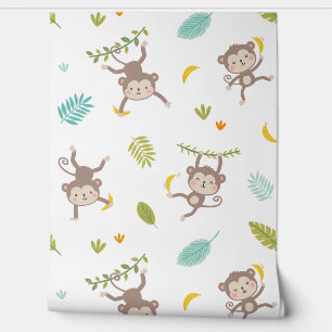 Cute Little Monkeys with bananas and jungle leafs Wallpaper