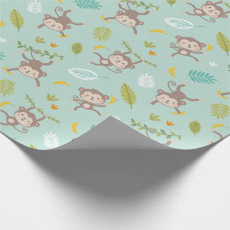 Cute Little Monkeys with bananas & leafs mint Wrapping Paper