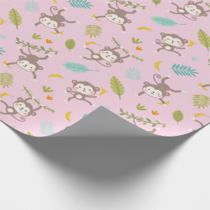 Cute Little Monkeys with bananas & leafs pink Wrapping Paper