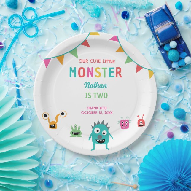 Cute Little Monster Birthday Boy Halloween  Paper Plate (Party)
