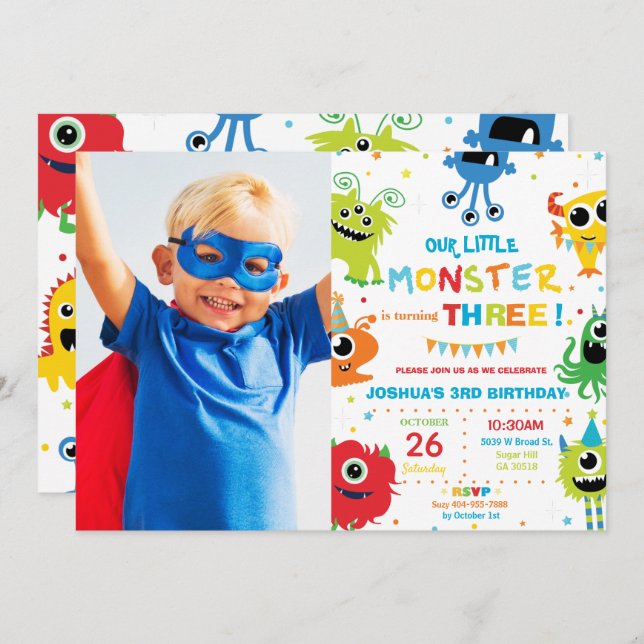 Cute Little Monster Boy 1st Birthday Vibrant Photo Invitation (Front/Back)