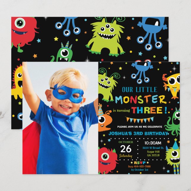 Cute Little Monster Boy 1st Birthday Vibrant Photo Invitation (Front/Back)