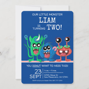 Cute Little Monster Boys Doughnut 2nd Birthday Invitation