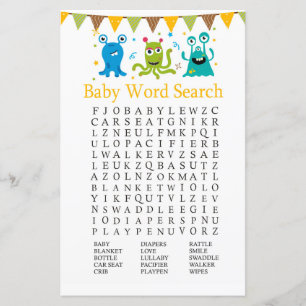 Cute Little Monsters Baby Shower Word Search Game
