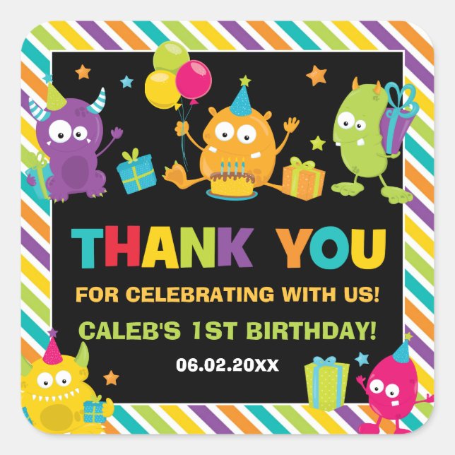 Cute Little Monsters Birthday Thank You Favour Square Sticker (Front)