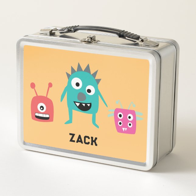 Cute Little Monsters Custom Name Colourful Kawaii Metal Lunch Box (Front)