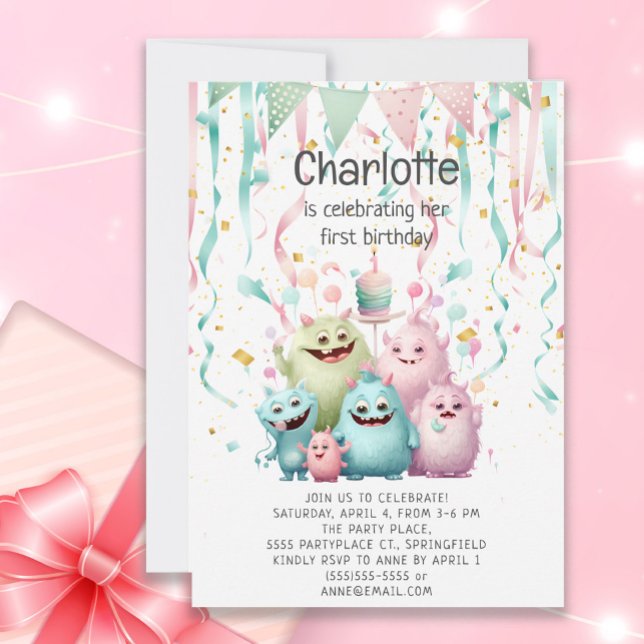Cute Little Monsters Girl's 1st Birthday Invitation (Cute pastel "Little Monsters" 1st birthday party invitation for a little girl's celebration)