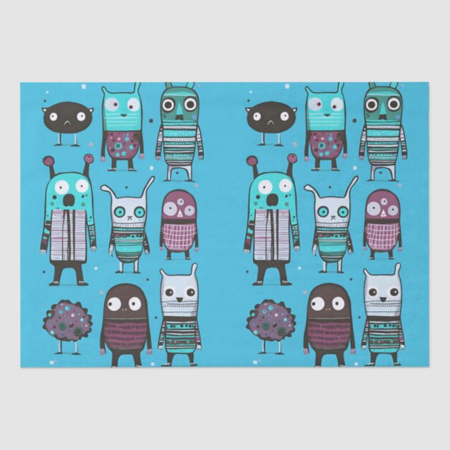 Cute Little Monsters Zombie Blue Pattern Funny Tissue Paper (Front)