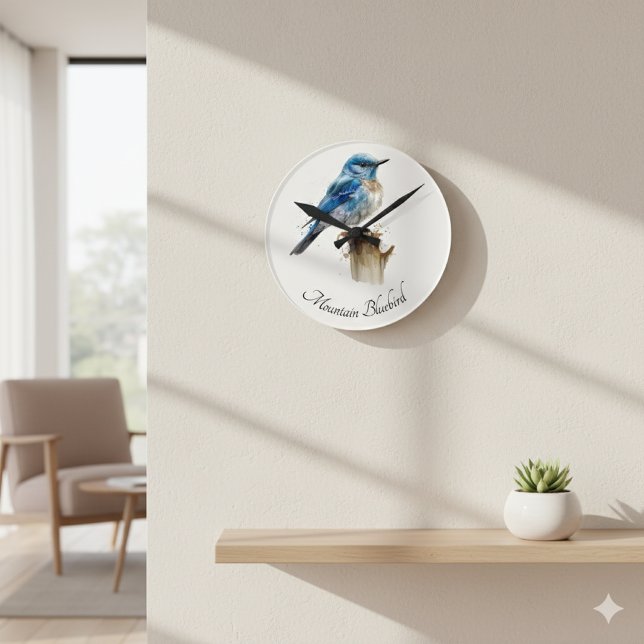 Cute Little Mountain Bluebird Watercolor, custom Round Clock (Creator Uploaded)