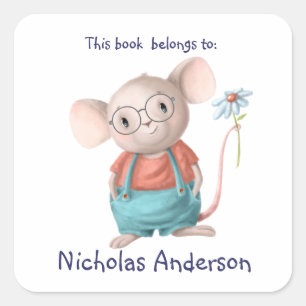 Cute Little Mouse Animal Cartoon with glasses Square Sticker