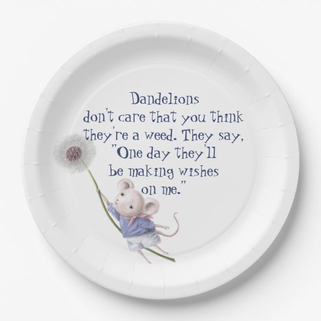 Cute Little Mouse Dandelion Inspirational Quote Paper Plate (Front)