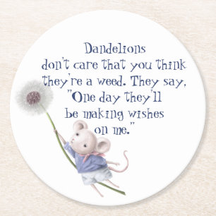 Cute Little Mouse Dandelion Inspirational Quote Round Paper Coaster