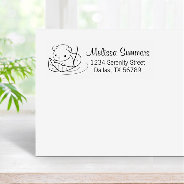 Cute Little Mouse Floating on a Leaf Address Rubber Stamp (Creator Uploaded)