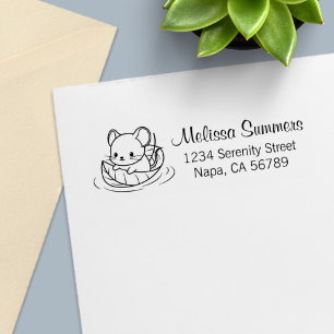 Cute Little Mouse Floating on a Leaf Address Self-inking Stamp