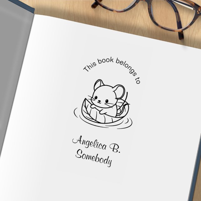 Cute Little Mouse Floating on a Leaf Bookplate Rubber Stamp (Creator Uploaded)