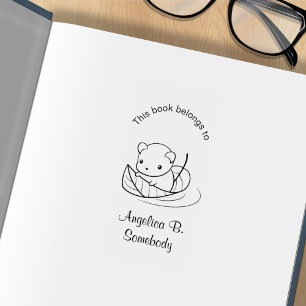 Cute Little Mouse Floating on a Leaf Bookplate Rubber Stamp