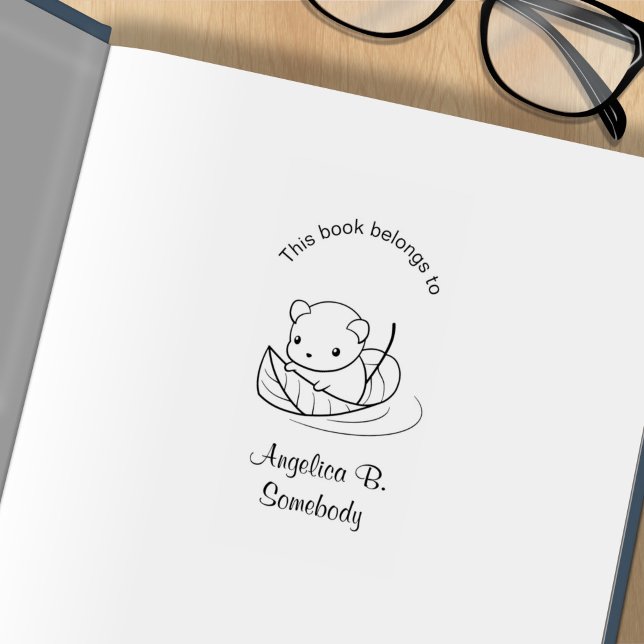 Cute Little Mouse Floating on a Leaf Bookplate Rubber Stamp (Creator Uploaded)