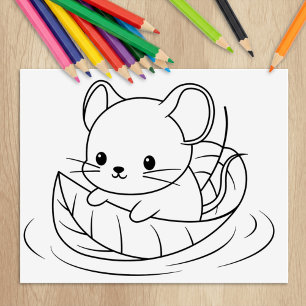Cute Little Mouse Floating on a Leaf Colouring Pag Rubber Stamp