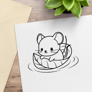Cute Little Mouse Leaf Boat Rubber Stamp