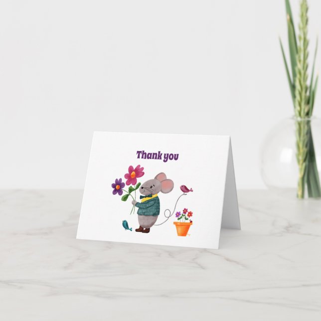 Cute Little Mouse with Flowers Thank You Card (Front)