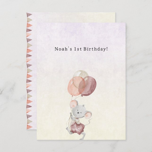 Cute Little Mouse With Pink Balloons Invitation Postcard (Front/Back)