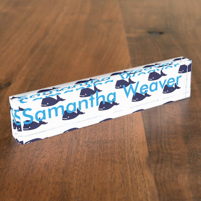 Cute Little Navy Blue Whale Pattern on White Nameplate (Side)