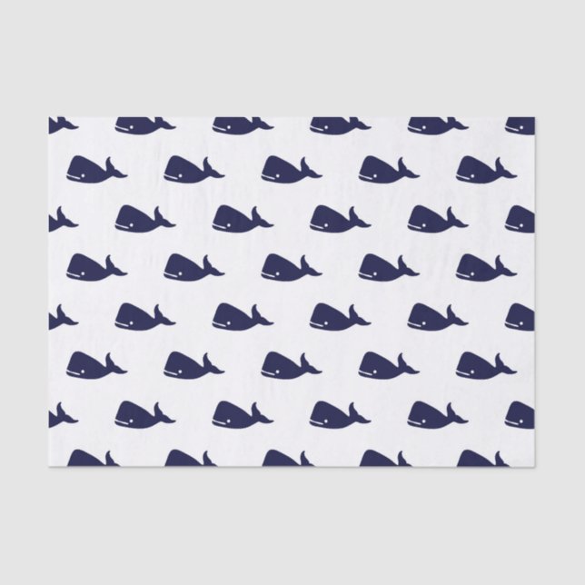 Cute Little Navy Blue Whale Pattern on White Tissue Paper (Front)