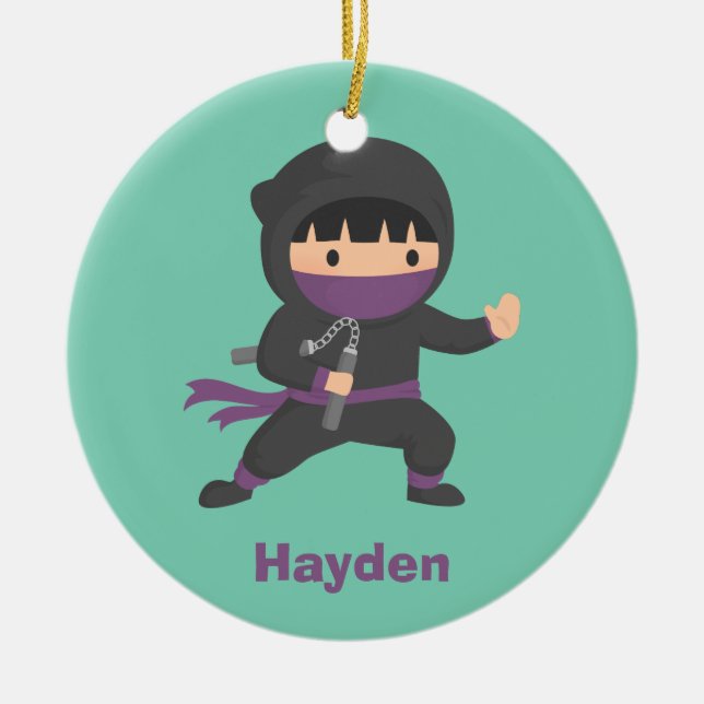 Cute Little Ninja with Nunchaku Boys Room Decor Ceramic Ornament (Front)