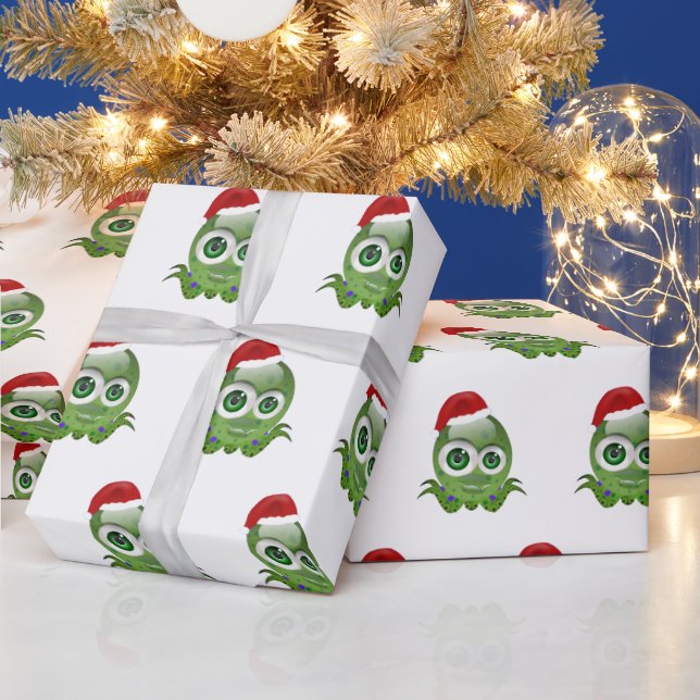 Cute little octopus with his Christmas hat Wrapping Paper (Holidays)
